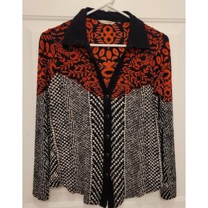 Soft Surroundings Shirt Womens M Pearl Snap Black White Red V Neck Flowy Western